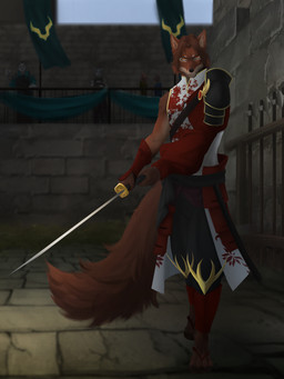anthro male outside samurai solo warrior dansats canid canine canis mammal red_wolf wolf 3:4 absurd_res hi_res