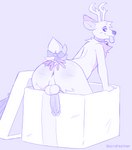 anthro antlers anus backsack balls bell big_butt blush body_blush box butt butt_blush collar container erection genitals gift gift_box horn humanoid_genitalia humanoid_penis looking_back male monotone_background penis penis_backwards presenting presenting_hindquarters side_profile smile smiling_at_viewer smirk smirking_at_viewer solo tongue tongue_out bootyfeather conditional_dnp deer mammal absurd_res hi_res monochrome