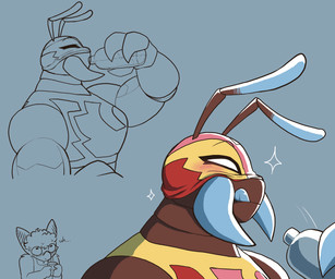 ambiguous_gender antennae_(anatomy) anthro big_ears big_nose blue_tongue blush blush_lines bodily_fluids bottle container curly_hair drinking duo exoskeleton female flustered hair licking licking_lips looking_at_viewer lucha_libre_mask mandibles mask motion_lines muscular muscular_female simple_background sparkles sports_mask sportswear sweat tongue tongue_out water_bottle wearing_mask wrestling_mask carameltsi rivals_of_aether la_reina_(rivals_of_aether) ti-ti ant arthropod bat hymenopteran insect mammal 6:5 colored hi_res sequence shaded