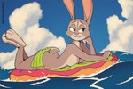 anthro black_eyes breasts butt cloud eyelashes feet_up female flotation_device fur grey_body grey_fur lying nude on_front pink_nose sea sky smile solo thick_thighs water wide_hips squibbleink disney zootopia judy_hopps lagomorph leporid mammal rabbit absurd_res hi_res