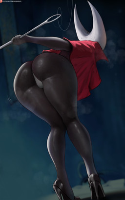 anthro bent_over black_body butt cloak clothing female footwear glistening glistening_butt high_heels melee_weapon panties red_cloak red_clothing shoes solo underwear weapon oroborus hollow_knight_(franchise) team_cherry hornet_(hollow_knight) arthropod 2025 hi_res