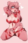 anthro arm_bow bdsm belly belly_overhang belly_rolls blue_eyes blush bondage bound bow_(feature) bow_ribbon breasts cleavage clothed clothing convenient_censorship female fur hair hand_behind_head heart_eyes heart_symbol long_ears one_eye_closed pink_body pink_fur pink_hair ribbon_bondage ribbons scut_tail short_tail shoulder_bow slightly_chubby slightly_chubby_female solo tail thick_thighs closetcanibal cherry_(whatebber) lagomorph leporid mammal rabbit