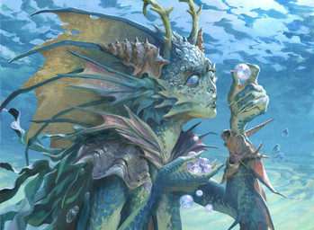 ball blind disability female fin gem green_body green_scales holding_ball holding_object horn open_mouth pearl_(gem) sand scales solo split_form underwater water jesper_ejsing hasbro magic:_the_gathering wizards_of_the_coast humanoid marine merfolk absurd_res digital_media_(artwork) hi_res official_art