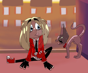 accessory black_bottomwear black_clothing black_fingerless_gloves black_gloves black_handwear black_necktie black_nose black_pants blonde_hair blue_eyes bottomwear clothing collar duo feral fingerless_gloves footwear gloves hair hairless handwear jacket light_body light_skin long_hair male necktie pants pointy_ears prick_ears red_clothing red_collar red_footwear red_jacket red_shoes red_sneakers red_topwear shoes sneakers topwear white_dress_shirt 0jynxthejinx0 101_dalmatian_street 101_dalmatians disney cuddles_(101_dalmatians) hunter_de_vil domestic_cat felid feline felis hairless_cat human mammal sphynx_(cat) hi_res