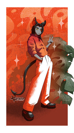 anthro black_hair buckle clothing footwear gesture grey_body hair hand_gesture long_hair looking_at_viewer male monstera orange_background orange_clothing orange_shirt orange_topwear plant pointed_tail pupils shirt shoes simple_background slit_pupils solo spade_tail sparkles standing tail tongue tongue_out topwear v_sign yellow_eyes vesper_thee_bat vesper_thee_bat_(character) bat mammal 2026 absurd_res hi_res