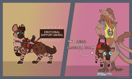 ambiguous_gender anthro black_nose blue_eyes blue_sclera bodily_fluids bottomless brown_body brown_fur brown_mane carrying_another claws clothed clothing crying digitigrade directional_arrow duo emotional_support_animal featureless_crotch feral fur gradient_background green_clothing green_shirt green_tank_top green_topwear grey_claws grey_eyes head_tuft humor looking_down looking_down_at_another male mane markings paws service_animal shirt shirt_only simple_background smile snout spots spotted_markings standing striped_markings stripes tail tail_tuft tan_body tan_claws tan_fur tank_top tank_top_only tears text topwear topwear_only tuft two_frame_image white_text dyyrlysh hyena_agenda brown_hyena hyena mammal sergal 2025 aliasing aseprite_(artwork) digital_drawing_(artwork) digital_media_(artwork) english_text flat_colors