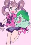 5_fingers ambiguous_gender blush bottomwear brown_hair claws clothed clothing duo eyebrows eyelashes female feral fingers flat_chested footwear green_eyes hair looking_at_viewer navel open_mouth pink_background plant red_eyes shirt shoes shorts simple_background smile teeth topwear young amezawa_koma nintendo pokemon shauna_(pokemon) bulbasaur generation_1_pokemon human mammal pokemon_(species)