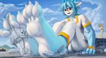 4_toes aircraft airplane airport anthro barefoot blue_body blue_sky claws clothing cloud feet macro male paws red_eyes sky soles solo stomping toes vehicle thb886 scalie unknown_species 2023 digital_media_(artwork) hi_res