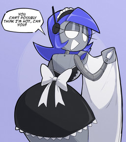 backless_dress bare_shoulders black_clothing black_dress clothing dialogue dress empty_eyes eyelashes female hair looking_at_viewer looking_back looking_back_at_viewer machine maid_headdress maid_uniform metallic_body not_furry purple_background purple_hair rear_view simple_background small_waist solo strapless_clothing strapless_dress talking_to_viewer text thick_thighs uniform white_eyes wide_hips nelljoestar humanoid robot robot_humanoid 2026 english_text hi_res
