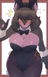 5:8 absurd_res amber_eyes anthro arumo big_breasts biped black_body black_fur black_hair black_nose blush bodily_fluids border bow_(feature) bow_in_front bow_tie breasts bunny_costume canid canine canis chest_tuft cleavage clothed clothing costume emanata exy fake_ears fake_rabbit_ears female flash_emanata flying_sweatdrops fur gesture hair hi_res inner_ear_fluff kemono legwear leotard long_hair mammal pantyhose pawpads red_border shirt_collar shirt_cuffs solo spiral_eyes sweat sweatdrop tuft vtuber waving wolf