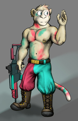 abstract_background anthro belt bodypaint boots clothing ear_piercing footwear fur gold_(metal) gun looking_away male military nipple_piercing nipples piercing ranged_weapon rifle shirtless_male shoes solo tan_body tan_fur uniform weapon tuubi haplorhine mammal monkey primate absurd_res digital_media_(artwork) hi_res huge_filesize