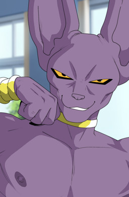 anthro areola bracelet close-up gold_(metal) gold_jewelry jewelry long_ears looking_at_viewer male narrowed_eyes neck_ring pecs purple_body smile smiling_at_viewer solo tear_trough yellow_sclera zimakum dragon_ball dragon_ball_super beerus absurd_res digital_drawing_(artwork) digital_media_(artwork) hi_res