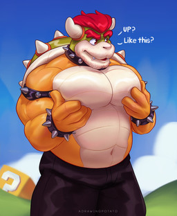 anthro armband big_muscles bottomwear bracelet clothed clothing collar day dialogue eyebrows facial_hair freckles hair horn jewelry male muscular muscular_anthro muscular_male navel outside pants pec_grab pec_squish pecs shell solo spiked_armband spiked_bracelet spiked_collar spiked_shell spikes spikes_(anatomy) squish standing stubble text topless topless_male adrawingpotato mario_bros nintendo bowser koopa scalie 2021 artist_name english_text hi_res