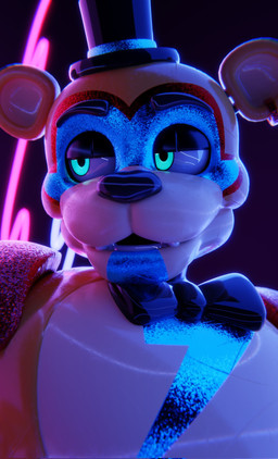 anthro black_bow_tie black_clothing black_hat black_headwear black_nose blue_eyes blurred_background bow_tie clothing ear_piercing ear_ring eyebrows glistening glistening_body glistening_clothing glistening_eyes glistening_nose glowing glowing_eyes half-closed_eyes hat headgear headwear machine male narrowed_eyes neon_lights orange_body piercing ring_piercing shoulder_pads solo top_hat vincead jizzyfox_(modeler) five_nights_at_freddy's five_nights_at_freddy's:_security_breach scottgames steel_wool_studios glamrock_freddy animatronic bear mammal robot robot_anthro 2025 3d_(artwork) bust_portrait digital_media_(artwork) hi_res portrait