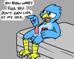 anthro balls beak bed can container dialogue erection feathers furniture genitals male non-mammal_balls nude penis profanity solo text young young_anthro pokefound klace_(pokefound) avian bird 5:4 english_text