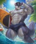 abs anthro arm_tuft athletic beach biceps body_tuft chest_tuft clothing cloud day detailed_background facial_tuft fur grey_body grey_fur hair hat head_tuft headgear headwear jewelry leaf liquid looking_at_viewer looking_down looking_down_at_viewer low-angle_view male markings muscular muscular_anthro muscular_legs muscular_male muscular_thighs necklace nipples outside pecs police police_hat pubes seaside serratus sky smile smiling_at_viewer smirk smirking_at_viewer solo surfboard swimwear tail tail_tuft tattoo tuft underarm underwear water weibo_logo white_body white_fur wristband 6suan weibo canid canine canis mammal wolf 2023 hi_res