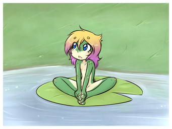 anthro biped border camera computer crossed_legs curious electronics female genitals grass leaf lily_pad loli nude plant pond sitting solo surprised vulva white_border young young_anthro young_female shouk amphibian frog mammal