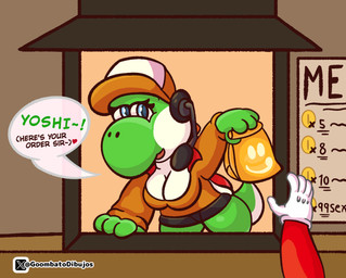 anthro blue_eyes breasts cleavage clothed clothing duo female first_person_view gloves green_body handwear hat headgear headwear human_pov jacket pokemon_speak pov_hands short_tail simple_background solo_focus speech_bubble tail text topwear goombato_dibujos mario_bros mario_kart mario_kart_world nintendo esmeralda_(gbtod) mario yoshi_(character) yoshi_(food_slinger) green_yoshi human mammal yoshi english_text hi_res