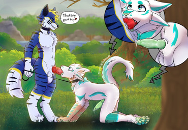 all_fours anthro bdsm bodily_fluids collar dialogue duo fellatio forest genital_fluids grass leash male male/male nature oral penile petplay plant precum roleplay sex speech_bubble tree artywolf mythology bluefiger draika canid canine canis dragon mammal mythological_creature mythological_scalie scalie wolf hi_res