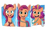 bean_mouth blue_eyes female fetlocks happy looking_at_viewer multiple_styles on_model open_mouth open_smile satchel smile solo toony fanzeem hasbro mlp_g5 my_little_pony my_little_pony:_a_new_generation my_little_pony:_tell_your_tale sunny_starscout_(mlp) earth_pony equid equine horse mammal pony hi_res