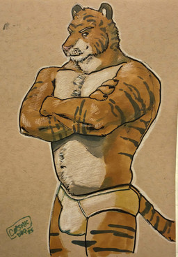 anthro black_body black_fur briefs briefs_only bulge clothed clothing countershade_crotch countershade_face countershade_neck countershade_torso countershading crossed_arms fur looking_at_viewer male male_anthro musclegut muscular muscular_anthro muscular_male orange_body orange_fur riding_crop slightly_chubby slightly_chubby_anthro slightly_chubby_male solo standing striped_body striped_fur stripes tail tan_body tan_fur tighty_whities topless topless_anthro topless_male underwear underwear_only whip whisker_spots whiskers white_briefs white_clothing white_underwear cosmic_dog felid mammal pantherine tiger 2025 better_version_at_source hi_res traditional_media_(artwork)
