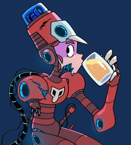 alcohol ambiguous_gender beer beverage cable drinking holding_object machine missing_arm not_furry red_body sitting solo discount-supervillain humanoid robot robot_humanoid alpha_channel