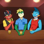 1:1 anthro anthrofied bar beverage clothed clothing flirting fully_clothed fuze gao_(fuze) generation_3_pokemon generation_5_pokemon generation_7_pokemon glass group hi_res lucas_(fuze) male male/male marshtomp nintendo pokemon pokemon_(species) polo_shirt servine shirt t-shirt tank_top topwear torracat vest