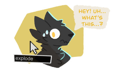 anthro black_body black_fur black_nose blue_light blue_lighting bodily_fluids command_prompt cursor developer_console ellipsis exclamation_point fur gameplay_mechanics grey_text imminent_death looking_aside looking_at_mouse_cursor male male_anthro mouse_cursor nervous nervous_sweat no_pupils question_mark simple_background snout solo speech_bubble sweat text wavy_mouth worried yellow_background yellow_eyes yellow_text synner_vesti casualties:_unknown canid canine expie_(gunsawian) gunsawian mammal 2025 bust_portrait english_description english_text portrait
