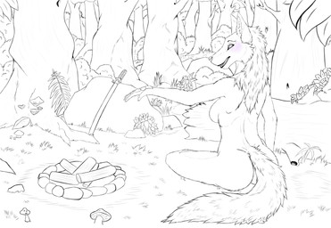 bonfire detailed_background female flower forest fungus grass katana leaf log melee_weapon mushroom nature nude outside plant rock shrub sitting solo sword tree weapon wood plejman lori canid canine canis mammal wolf black_and_white digital_drawing_(artwork) digital_media_(artwork) hi_res monochrome