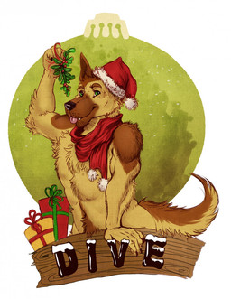 anthro black_nose blep brown_body brown_fur brown_tail clothing fangs fur gift green_eyes hat headgear headwear male male_anthro mouth_closed pink_tongue pubes red_clothing red_hat red_headwear red_scarf scarf solo tail tan_body tan_fur tan_tail teeth tongue tongue_out chumbasket dive_(character) canid canine mammal hi_res