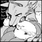 anthro duo fur japanese kemono licking male text tongue tongue_out 1boshi canid canine fox lagomorph leporid mammal rabbit 1:1 japanese_text low_res monochrome