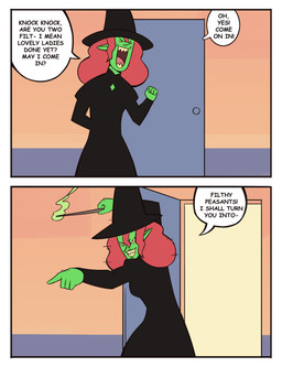 5_fingers black_clothing black_dress black_hat black_headwear closed_smile clothed clothed_female clothed_humanoid clothing dialogue door doorway dress evil_grin female fingers front_view fully_clothed fully_clothed_female fully_clothed_humanoid furrowed_eyebrows green_body hair hat headgear headwear holding_object holding_wand medium_comic motion_lines mouth_closed offscreen_character open_mouth open_smile pose red_hair red_tongue smile solo speech_bubble teeth text tongue tongue_showing toothy_grin wand witch_hat bonnymama7 elphaba_(bonnymama7) humanoid 2025 absurd_res comic digital_drawing_(artwork) digital_media_(artwork) english_text hi_res portrait three-quarter_portrait