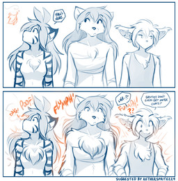 anthro biped breasts casual_nudity cheek_tuft chest_tuft chest_wraps clothed clothed_anthro clothed_female clothed_male clothing dialogue facial_tuft featureless_breasts female front_view fur group hair inner_ear_fluff looking_aside looking_down looking_up male notched_ear nude nude_female open_mouth shirt simple_background small_breasts speech_bubble standing striped_body striped_fur stripes tank_top text topwear trio tuft white_background wide_eyed wraps wrist_wraps conditional_dnp tom_fischbach twokinds flora_(twokinds) keith_keiser natani basitin canid canine canis felid keidran mammal pantherine tiger wolf 2025 blue_and_white comic digital_drawing_(artwork) digital_media_(artwork) english_text half-length_portrait hi_res monochrome portrait sketch spot_color trans_(lore) trans_man_(lore)