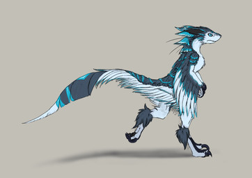 ankle_tuft anthro big_tail black_claws black_scutes blue_body blue_eyes blue_feathers blue_markings claws feather_markings feathers grey_body grey_feathers leg_tuft looking_forward male markings neck_whiskers running scaled_ears scuted_hands scuted_legs scutes sickle_claw side_view simple_background solo tail tail_markings toe_claws tuft white_body white_feathers white_markings toddavali braid_(k'braid) enolaraptor absurd_res hi_res