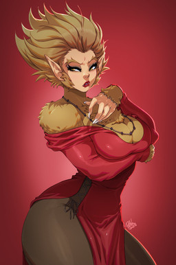 5_fingers anthro big_breasts breasts brown_body brown_eyes brown_fur brown_hair chest_tuft cleavage clothed clothing colored_nails dress eyebrows eyelashes fangs female fingers fur gradient_background hair humanoid_pointy_ears jewelry lipstick looking_aside makeup nails necklace pointy_ears red_clothing red_dress red_lipstick short_hair side_slit side_slit_dress simple_background slit_dress solo teeth text thick_thighs tuft white_nails tovio_rogers mythology animal_humanoid canid canine humanoid mammal mythological_canine mythological_creature werecanid werecanine werecreature werewolf 2026 absurd_res artist_name hi_res signature