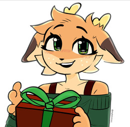 anthro bare_shoulders blush blush_lines cartoon_freckles christmas_present eyelashes facial_tuft female freckled_face freckles gift long_eyelashes looking_at_viewer open_mouth open_smile simple_background smile solo tuft white_background dogfailureowo maple_(jayrnski) deer mammal hi_res nonbinary_(lore)