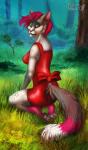 anthro biped clothing dress feet female forest fur grey_body grey_fur hindpaw kneeling meadow pawpads paws plant pose solo tree fuzzymaro domestic_cat felid feline felis mammal absurd_res digital_media_(artwork) hi_res