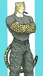 anthro belt biceps bottomwear camo camo_bottomwear camo_clothing camo_pants camo_print cigar clothed clothing crossed_arms fur grumpy male markings military military_clothing muscular muscular_anthro muscular_male pants pattern_bottomwear pattern_clothing pattern_pants shirt smoking solo spots spotted_body spotted_fur standing tail tight_clothing topwear whiskers maririn charr_(maririn) felid feline leopard mammal pantherine colored digital_drawing_(artwork) digital_media_(artwork) hi_res portrait shaded