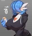 2024 big_breasts blue_hair blush bodily_fluids breasts clothed clothing cooliehigh dialogue female gardevoir generation_3_pokemon hair hair_over_eyes hi_res huge_breasts humanoid nintendo not_furry pokemon pokemon_(species) shiny_pokemon solo speech_bubble sweat text white_body