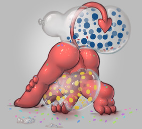 3_toes 4_fingers anthro anus ass_up balloon balloon_fetish balloon_in_mouth balloon_popping balls biped butt confetti feet fingers fur genitals horn imp_tail inflatable male nude perineum polka_dots popped_balloon red_body red_fur red_skin simple_background solo squish tail toes young young_anthro young_male badipoki imp absurd_res hi_res