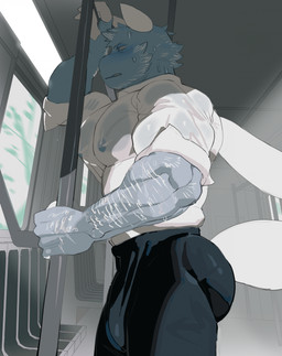 anthro arm_hair biped blue_body blue_eyes blue_fur blush bodily_fluids body_hair bottomwear clothed clothing detailed_background erection_through_clothing eyebrows fingers fur male muscular muscular_male side_view solo sweat sweatdrop tail topwear train vehicle wet wet_clothing fluffedwings lionel_(fluffedwings) arthropod insect lepidopteran moth hi_res