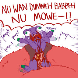 abuse ambiguous_gender baby_talk blood blood_from_eye blood_from_mouth blood_from_wound blood_in_mouth bodily_fluids brown_hooves child_abuse crush death duo dying eye_popping feral fur gore green_eyes green_hooves grotesque_death guts hooves infanticide intestines killing motion_lines neonate nosebleed organs pain pained_expression purple_body purple_fur red_body red_fur red_text solo_focus struggling text wounded young young_ambiguous young_feral yellowcottoncandy030 fluffy_pony fluffy_pony_(species) mammal 1:1 2025 comic digital_media_(artwork) english_text hi_res