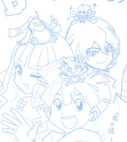 anthro carrying_another chibi female group hair hair_over_eyes kerchief long_ears male neckerchief neckwear on_head one_eye_closed smile tentacles wink tenya_yabuno bandai_namco digimon digimon_ghost_game hiro_amanokawa kiyoshiro_higashimitarai ruri_tsukiyono angoramon digimon_(species) gammamon human humanoid jellymon mammal scalie hi_res