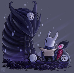 2_horns 6_eyes ambiguous_gender biped black_body black_eyes cloak clothing group holding_map horn logo looking_at_another map melee_weapon multi_eye nail_(weapon) red_eyes sculpture standing statue weapon weapon_on_back netmors hollow_knight_(franchise) team_cherry grimmchild_(hollow_knight) the_knight_(hollow_knight) arachnid arthropod spider vessel_(species) weaver_(hollow_knight) 2020 absurd_res hi_res