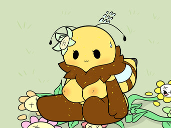 :3 ambiguous_gender antennae_(anatomy) anthro areola arthropod_abdomen big_breasts blush bodily_fluids breasts death dot_eyes elbow_glove_marking eyelashes fangs female flower_accessory flower_on_head grass grass_field group inverted_nipples larger_female looking_at_viewer multicolored_body neck_tuft nervous nipples nub_feet nude nude_anthro nude_female plant pollen simple_eyes sitting_on_another size_difference smaller_ambiguous stinger sweat sweat_emanata sweatdrop teeth thigh_highs_(marking) tuft two_tone_body yellow_body tonytoran undertale undertale_(series) bee_(tonytoran) flowey_the_flower arthropod bee bumble_bee_(species) elemental_creature flora_fauna hymenopteran insect 2022 4:3 colored digital_drawing_(artwork) digital_media_(artwork) hi_res
