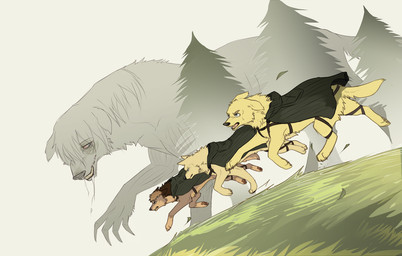 ambiguous_gender cloak clothed clothed_feral clothing evergreen_tree feral feralized fur grass green_cloak green_clothing group outside pine_tree plant running tan_body tan_fur tree yellow_body yellow_fur zencelot attack_on_titan annie_leonhart armin_arlert jean_kirstein reiner_braun canid canine canis domestic_dog mammal titan_(attack_on_titan) 2013
