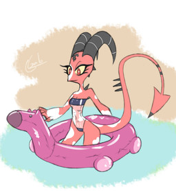 breasts cleavage clothed clothing crossgender eyelashes female fingers horn inflatable long_tail markings mtf_crossgender multicolored_body multicolored_skin navel one-piece_swimsuit pool_float pool_toy red_body red_eyes red_skin simple_background skimpy solo spade_tail spikes spikes_(anatomy) spots spotted_body spotted_skin swimwear tail text translucent translucent_clothing translucent_swimwear two_tone_body two_tone_skin water white_body white_skin white_spots yellow_sclera galo gris_swimsuit hellaverse helluva_boss meme_clothing blitzo_(helluva_boss) demon demon_humanoid horned_humanoid humanoid imp 2022 absurd_res artist_name digital_drawing_(artwork) digital_media_(artwork) hi_res meme signature sketch
