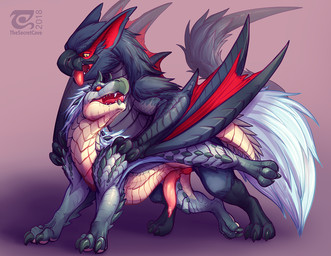 3_toes all_fours anal anal_penetration black_body black_fur doggystyle duo ejaculation erection eye_contact feet feral feral_on_feral feral_penetrated feral_penetrating feral_penetrating_feral from_behind_position fur genitals hands-free looking_at_another looking_at_partner looking_down looking_up male male/male male_feral male_penetrated male_penetrating male_penetrating_male membrane_(anatomy) membranous_wings mounting open_mouth orgasm penetration penis raised_leg sex tail toes tongue tongue_out white_body white_fur wings thesecretcave capcom monster_hunter mythology dragon fanged_wyvern flying_wyvern mythological_creature mythological_scalie nargacuga scalie tobi-kadachi 2018 alternate_version_at_source digital_media_(artwork)