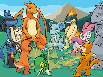 2_tails ambiguous_gender anthro balls blue_eyes bodily_fluids bottomwear bottomwear_down butt casual_nudity claws clothed clothing cute_fangs detailed_background erection eyes_closed fangs female female_peeing feral fire flaming_tail foreskin fur genital_fluids genitals glans grass group happy horn looking_at_genitalia looking_at_penis male membrane_(anatomy) membranous_wings multi_tail multicolored_body multicolored_fur nervous nude open_mouth outside pants pants_down partially_clothed partially_retracted_foreskin paws peegasm peeing peeing_together penis pink_body pink_fur plant pseudo_clothing pseudo_clothing_down red_eyes relieved smile standing sweat tail teeth tongue tongue_out two_tone_body two_tone_fur urine urine_on_ground urine_pool urine_stream vulva watersports white_body white_fur wings conditional_dnp grumpyvulpix mythology nintendo pokemon buizel canid canine charizard charmander dragon eeveelution felid generation_1_pokemon generation_2_pokemon generation_4_pokemon generation_5_pokemon generation_6_pokemon lucario mammal meowth mythological_creature mythological_scalie nidorina pokemon_(species) quilava reptile rhinoceros rhydon scalie snivy sylveon 2016 4:3 aliasing digital_media_(artwork) hi_res signature
