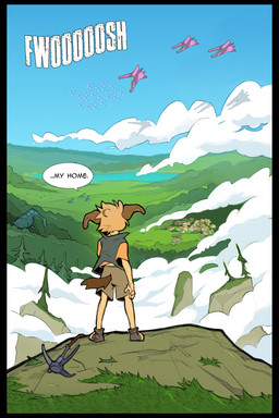anthro black_border border bottomwear clothing comic_panel dialogue floppy_ears folded_ears grappling_hook landscape_background male rear_view shirt shorts solo speech_bubble standing t-shirt tail text topwear vest ksejl mello_(ksejl) canid canine canis domestic_dog mammal 2:3 comic english_text full-length_portrait hi_res portrait